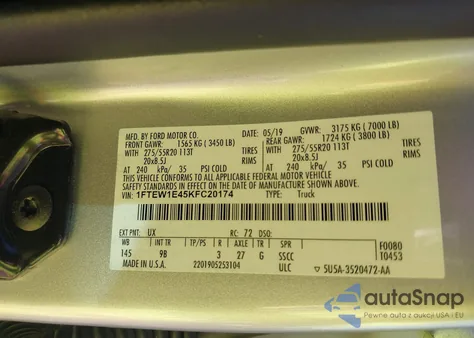 2019 Ford F-150 Platinum z USA, uszkodzony, nr VIN 1FTEW1E45KFC20174